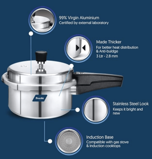 Preethi Neo Aluminium Induction Base Outer Lid Pressure Cooker, 3 Litres - Image 2